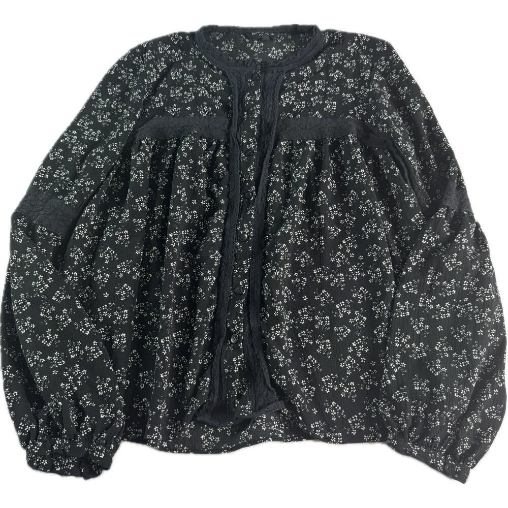 Brave Soul London Womens Large Black Floral Boho Peasant Blouse Lace Trim Sheer